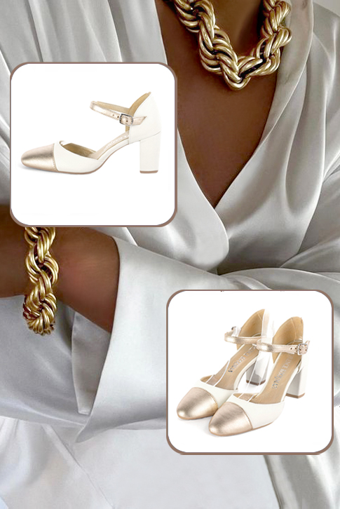 Women's off white and gold elegant closed-back heels, with an instep strap. Round toe. High block heels - Top view